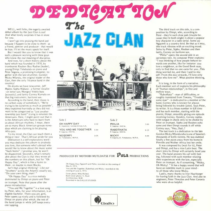 Back cover — The JAZZ CLAN — Dedication