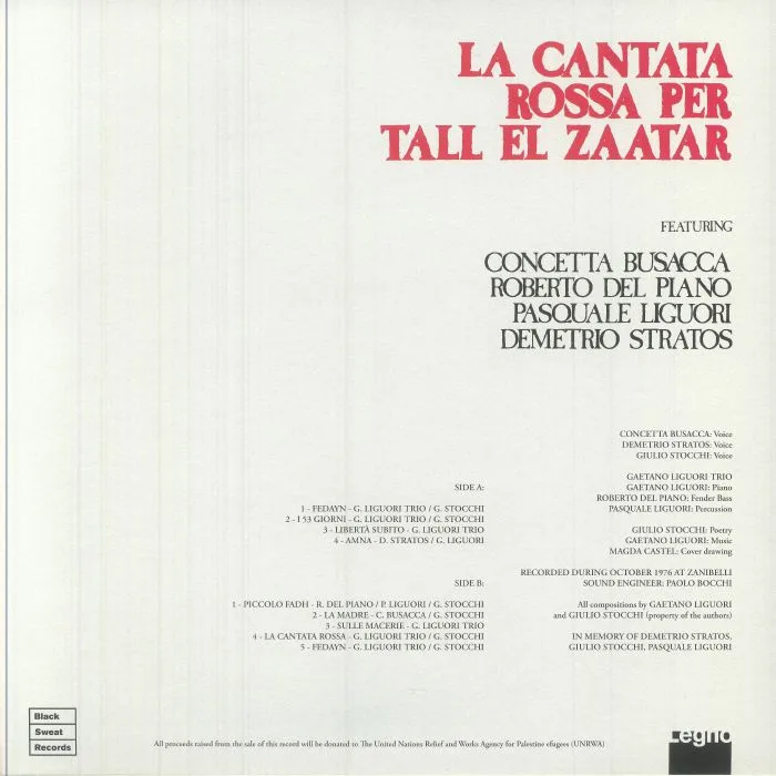 Back cover — Gaetano LIGUORI / GIULIO STOCCHI / DEMETRIO STRATOS — La Cantata Rossa Per Tall El Zaatar