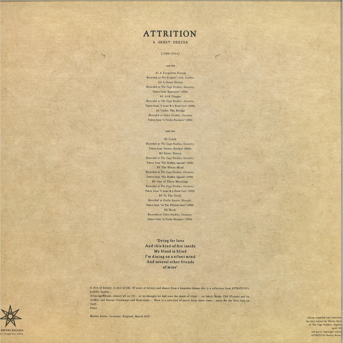 Обратная сторона обложки — Attrition — A Great Desire LP