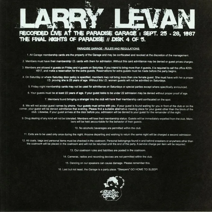 Back cover — Larry LEVAN — The Final Night Of Paradise: Disk 4 Of 5