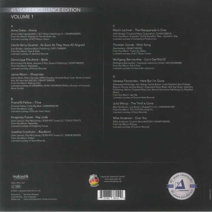 Обратная сторона обложки — VARIOUS — Clearaudio: 45 Years Excellence Edition Vol 1