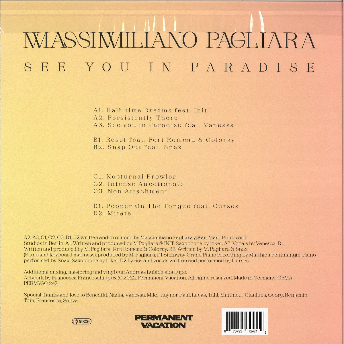Back cover — Massimiliano Pagliara — See You In Paradise LP 2x12"