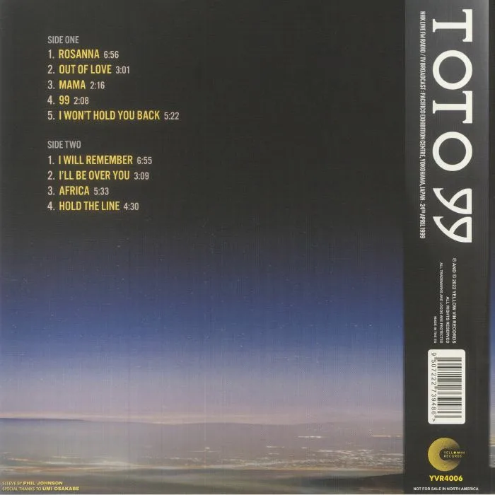 Back cover — TOTO — 99: Live In Yokohama Japan 1999 (Special Edition)