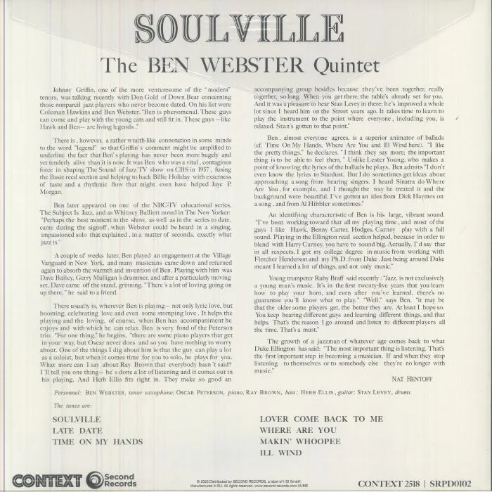Обратная сторона обложки — The BEN WEBSTER QUINTET — Soulville (reissue)