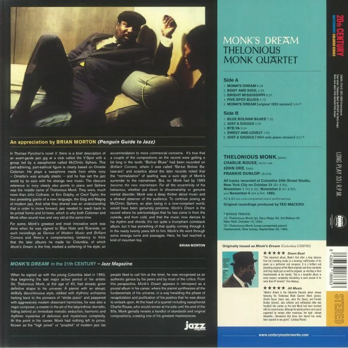 Обратная сторона обложки — The THELONIOUS MONK QUARTET — Monk's Dream (reissue)