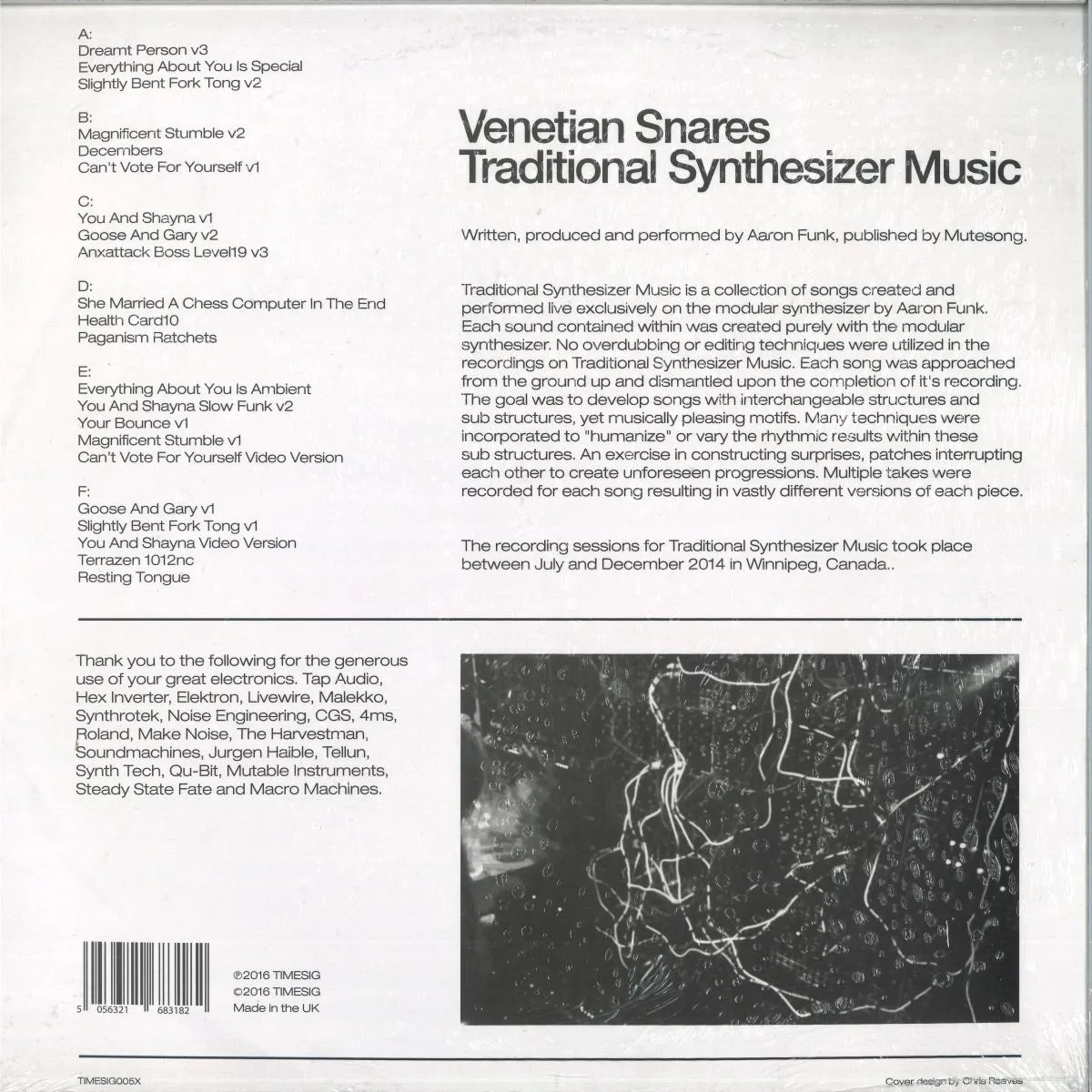 Back cover — VENETIAN SNARES — TRADITIONAL SYNTHESIZER MUSIC (10TH ANNIVERSARY ED.) LP 3x12"