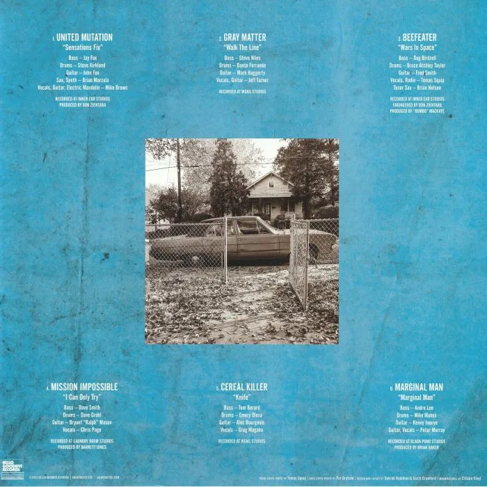 Back cover — UNITED MUTATION / GRAY MATTER / BEEFEATER / MISSION IMPOSSIBLE / CEREAL KILLER / MARGINAL MAN — Alive & Kicking (reissue)
