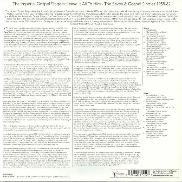 Обратная сторона обложки — The IMPERIAL GOSPEL SINGERS — Leave It All To Him: The Savoy & Gospel Singles 1958-1962