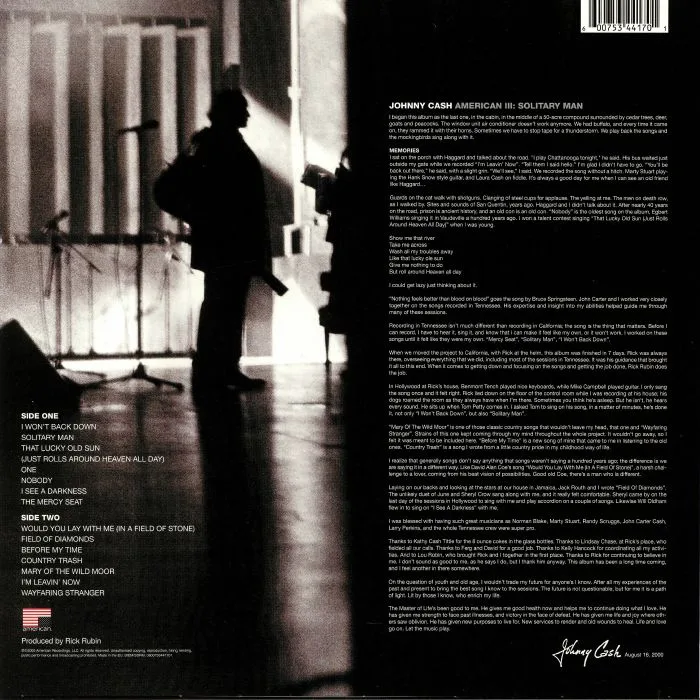 Обратная сторона обложки — Johnny CASH — American III: Solitary Man