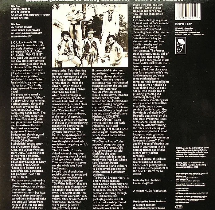 Back cover — SOUL (SOUNDS OF UNITY & LOVE) — Can You Feel It