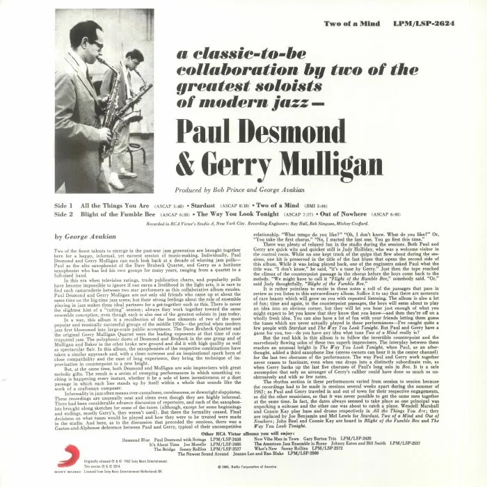 Обратная сторона обложки — Paul DESMOND / GERRY MULLIGAN — Two Of A Mind