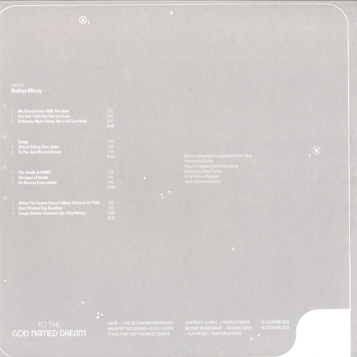 Back cover — Nathan Micay — To The God Named Dream LP 2x12"