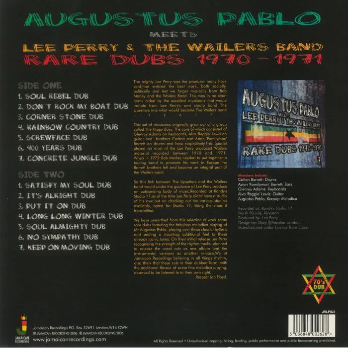Обратная сторона обложки — AUGUSTUS PABLO meets LEE PERRY / THE WAILERS BAND — Rare Dubs 1970 - 1971