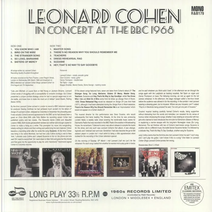 Обратная сторона обложки — Leonard COHEN — In Concert At The BBC 1968 (mono)