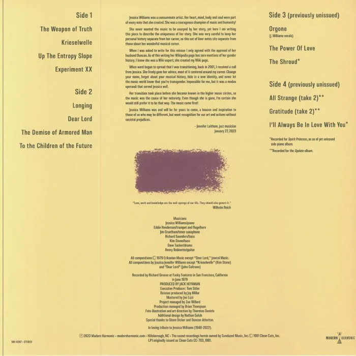 Back cover — Jessica Jennifer WILLIAMS — Orgonomic Music (reissue)