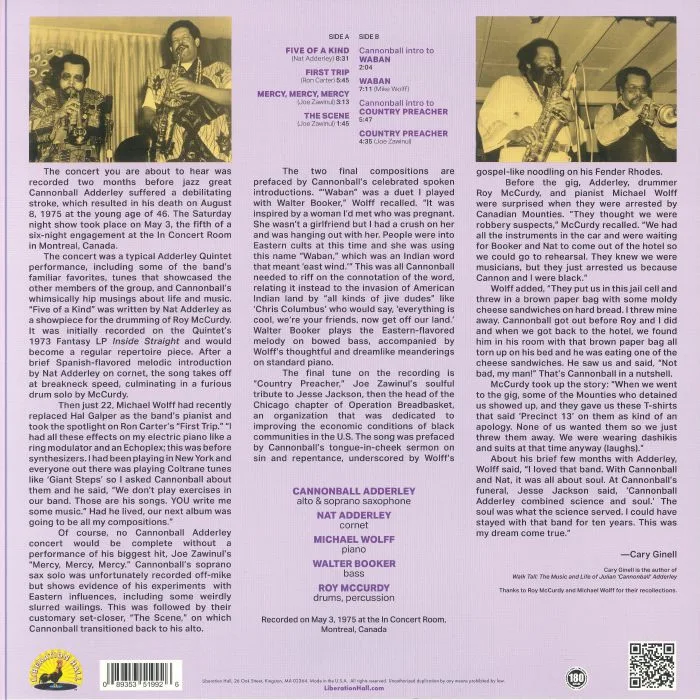 Обратная сторона обложки — The CANNON ADDERLEY QUINTET — Live In Montreal May 1975