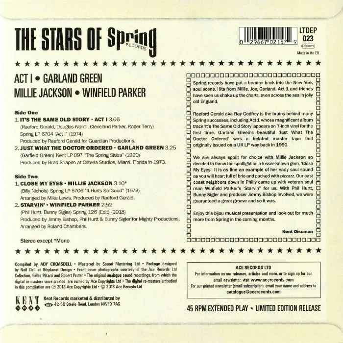 Back cover — ACT I / GARLAND GREEN / MILLIE JACKSON / WINFIELD PARKER — The Stars Of Spring Records