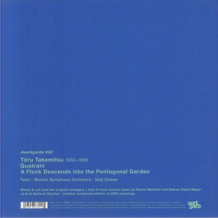 Back cover — Toru TAKEMITSU / BOSTON SYMPHONY ORCHESTRA / ENSEMBLE TASHI / SEIJI OZAWA — Toru Takemitsu: Quatrain: A Flock Descends Into The Pentagonal Garden (Avantgarde Vinyl Series)