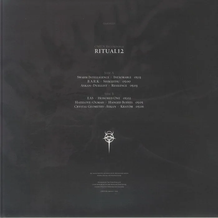 Back cover — SWARM INTELLIGENCE / BARK / AXKAN / DUELLIST / EAS / HATELOVE / OGMAH / CRYSTAL GEOMETRY — RITUAL12