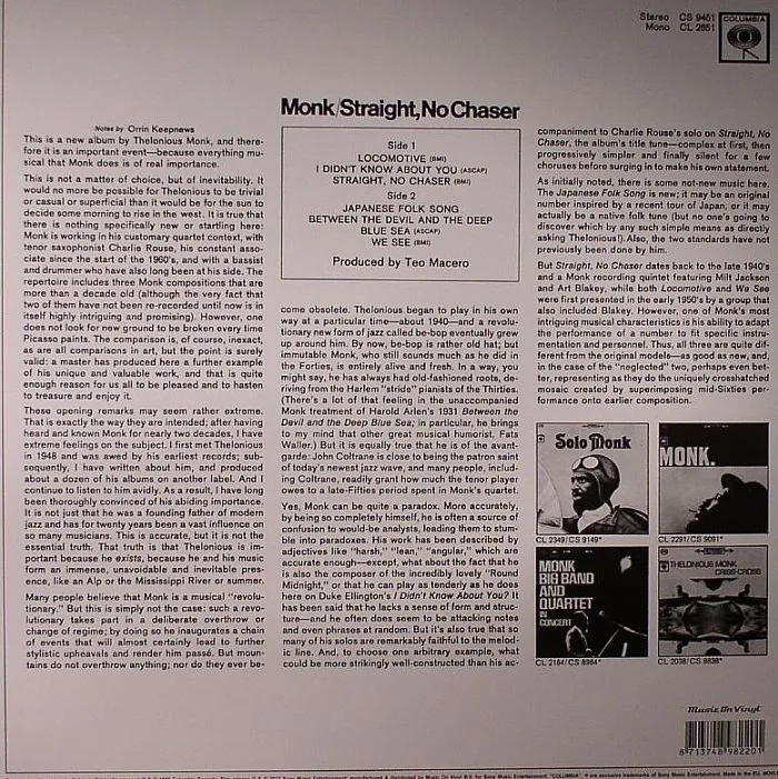 Back cover — Thelonious MONK — Straight No Chaser