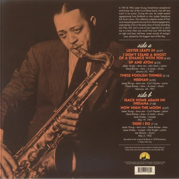 Back cover — Lester YOUNG — Lester Leaps In: Live At Birdland 1951-1952 (Record Store Day Black Friday RSD 2025)