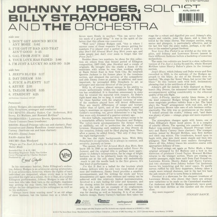 Обратная сторона обложки — Johnny HODGES with BILLY STRAYHORN — Johnny Hodges With Billy Strayhorn (remastered)