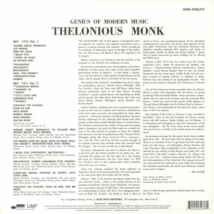 Back cover — Thelonious MONK — Genius Of Modern Music Volume One (Classic Vinyl Series)