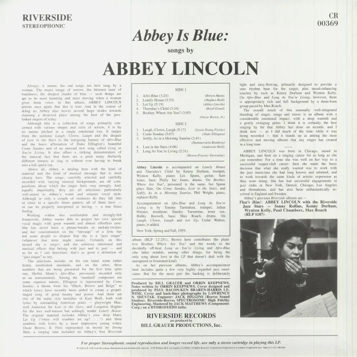 Обратная сторона обложки — Abbey LINCOLN — Abbey Is Blue (remastered)