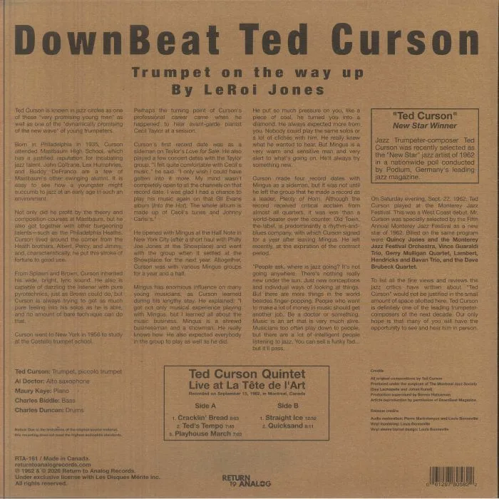 Back cover — TED CURSON QUINTET — Live At La Tete De L'art
