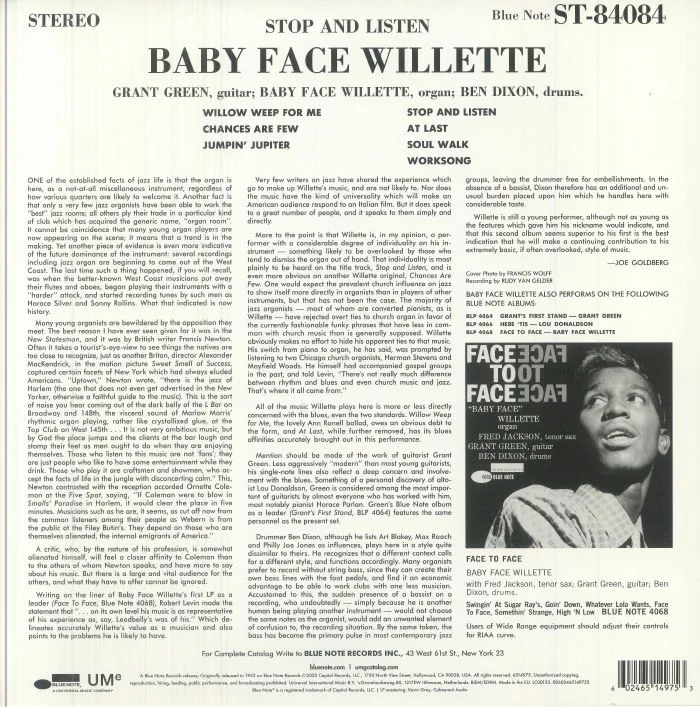 Обратная сторона обложки — BABY FACE WILLETTE — Stop & Listen (Blue Note Classic Vinyl Edition)