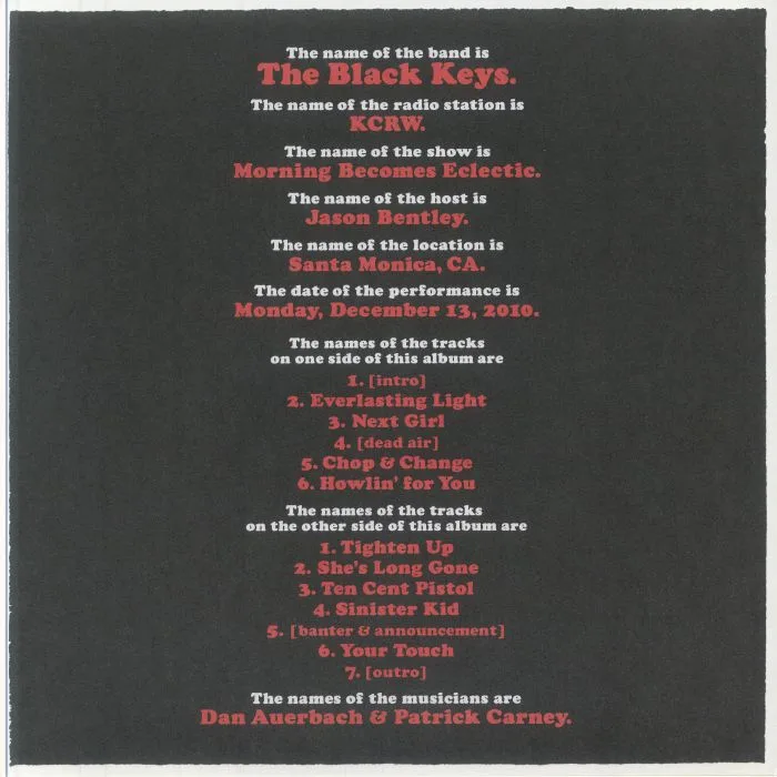 Back cover — The BLACK KEYS — Boys Ready? KCRW Morning Become Electric (reissue)