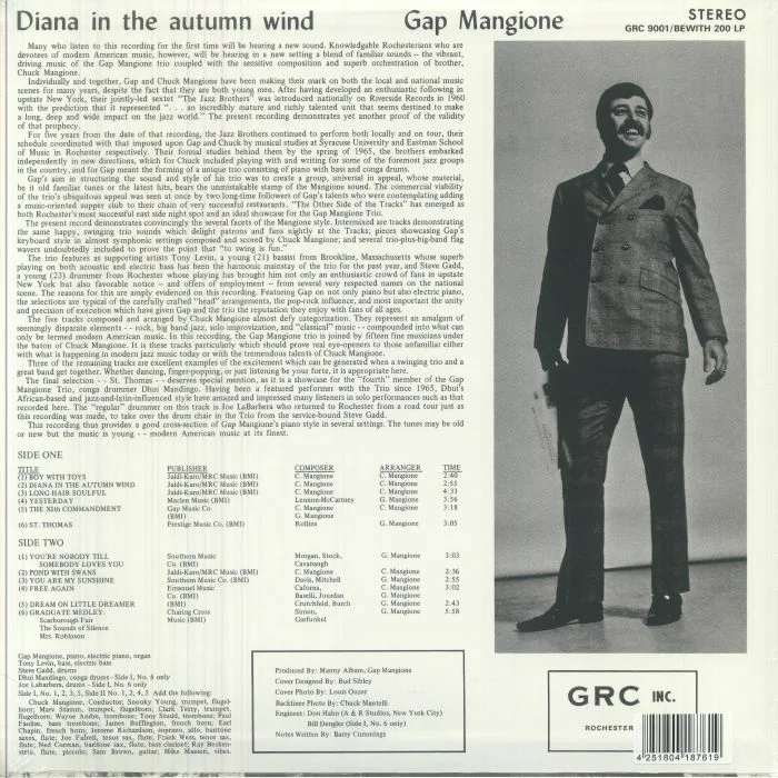 Back cover — Gap MANGIONE — Diana In The Autumn Wind