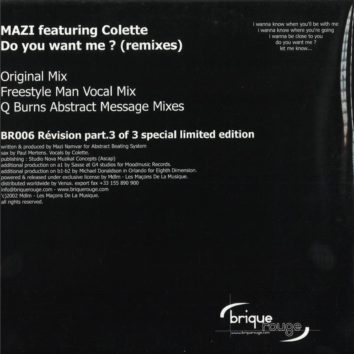Back cover — Mazi Feat. Colette — Do You Want (Remixes) Pt. 3