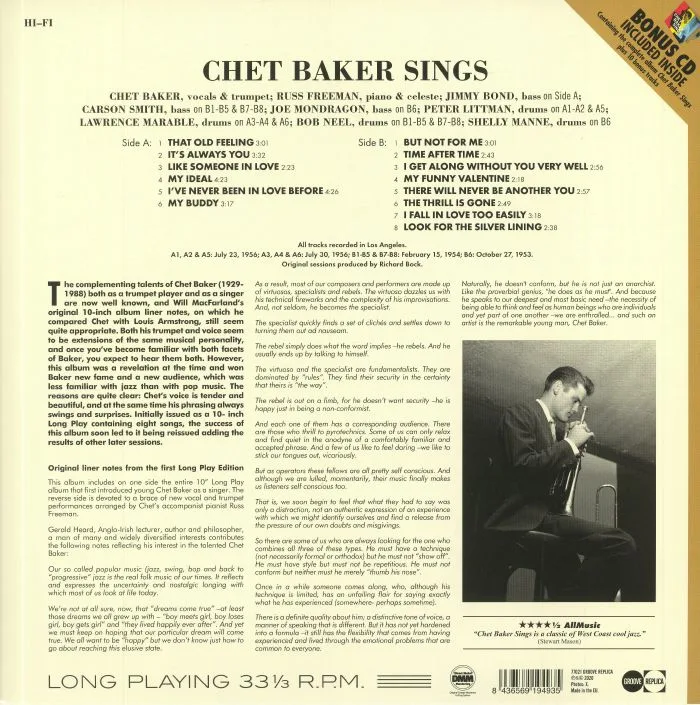 Back cover — Chet BAKER — Sings (reissue)