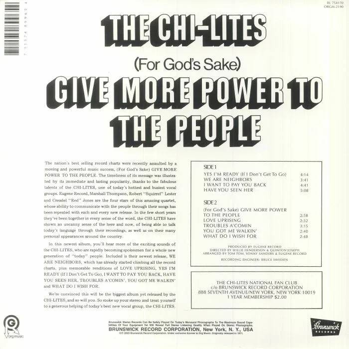 Обратная сторона обложки — The CHI LITES — (For God's Sake) Give More Power To The People (reissue)
