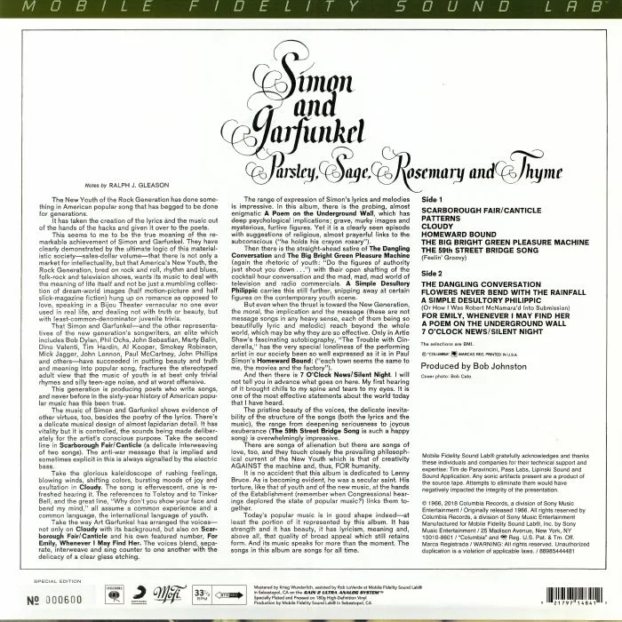Обратная сторона обложки — SIMON & GARFUNKEL — Parsley Sage Rosemary & Thyme