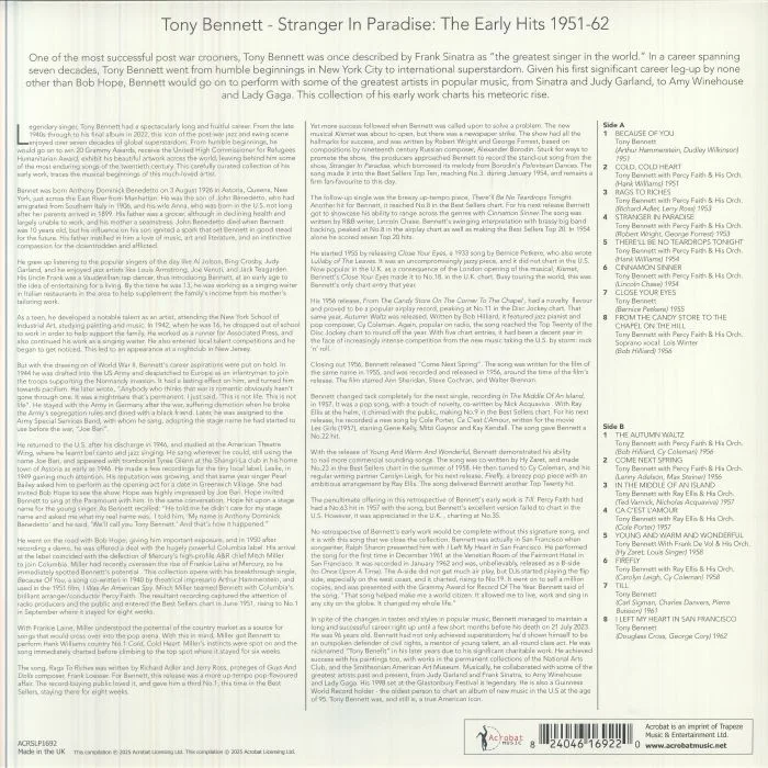 Обратная сторона обложки — Tony BENNETT — Stranger In Paradise: The Early Hits 1951-62