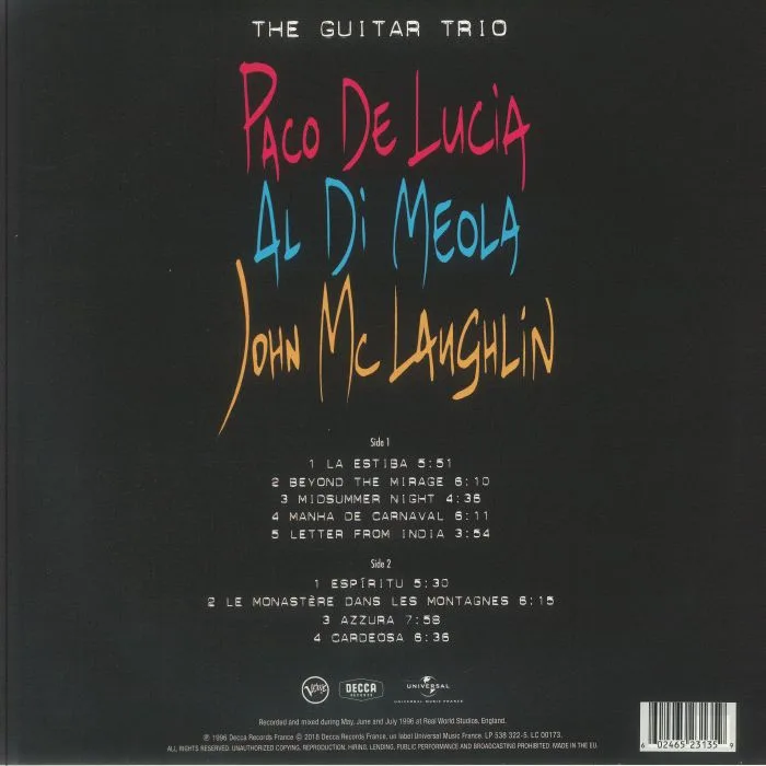 Back cover — Paco DE LUCIA / AL DI MEOLA / JOHN McLAUGHLIN — The Guitar Trio (reissue)