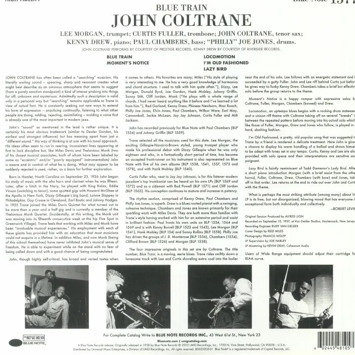 Back cover — John COLTRANE — Blue Train (Tone Poet Series) (mono)