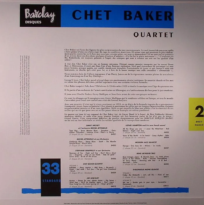 Back cover — CHET BAKER QUARTET — Chet Baker Quartet 2