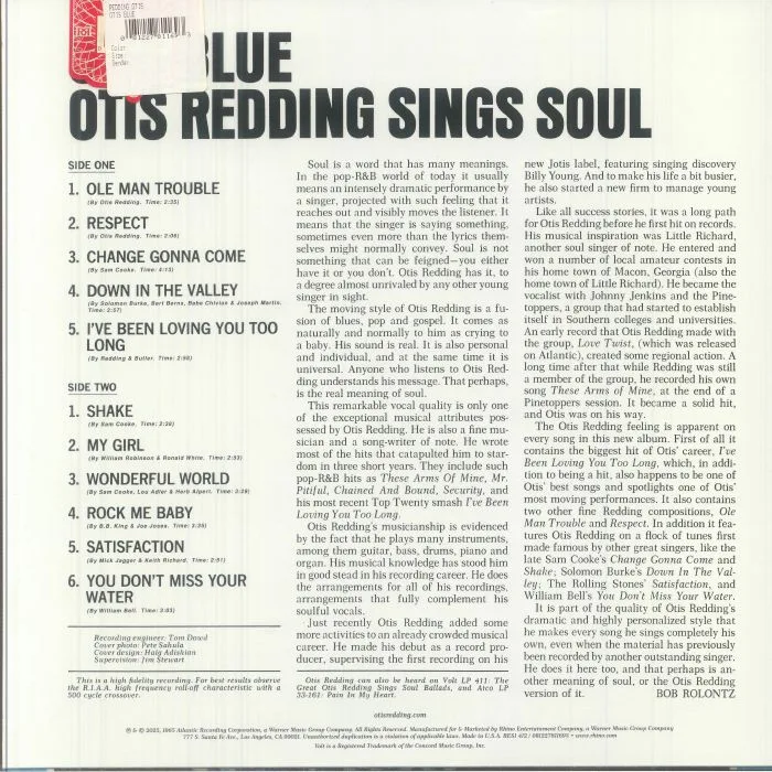 Back cover — Otis REDDING — Otis Blue: Otis Redding Sings Soul (Rhino Reserve)
