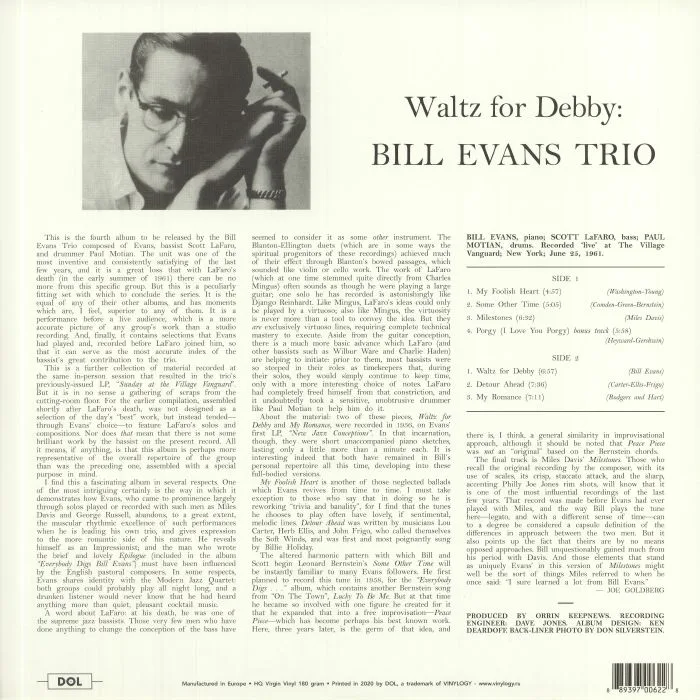 Обратная сторона обложки — BILL EVANS TRIO — Waltz For Debby (reissue)