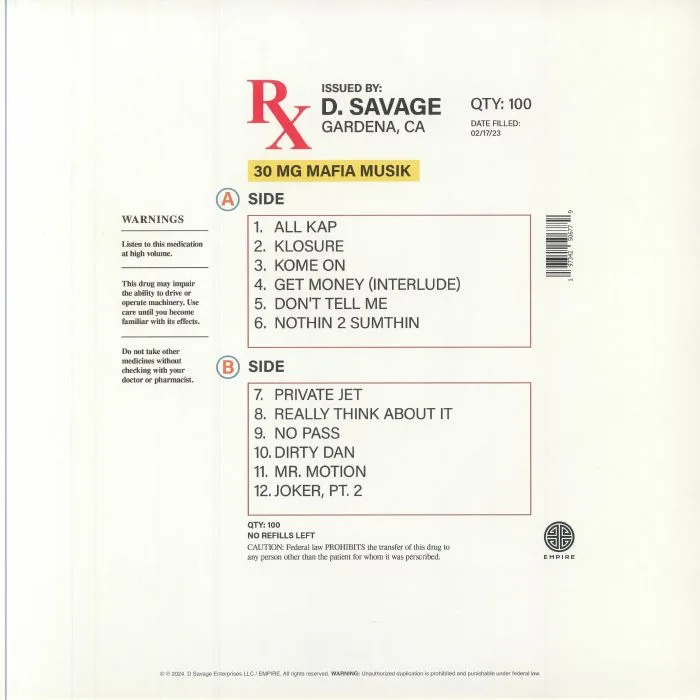 Back cover — D SAVAGE — Mafia Musik
