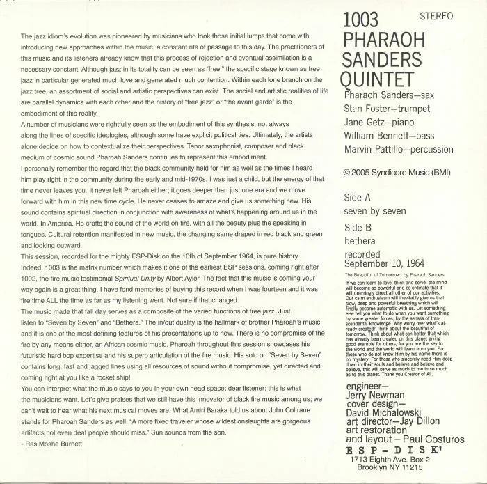 Обратная сторона обложки — PHARAOH SANDERS QUINTET — Pharaoh Sanders Quintet (reissue)