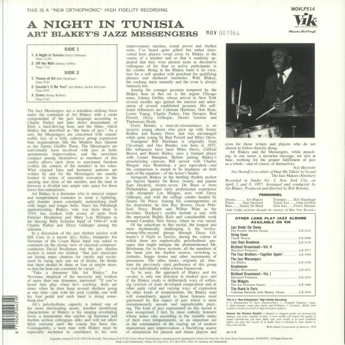 Обратная сторона обложки — Art BLAKEY & THE JAZZ MESSENGERS — A Night In Tunisia