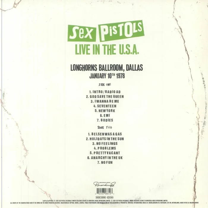 Back cover — SEX PISTOLS — Live At Longhorns Ballroom Dallas USA 1978