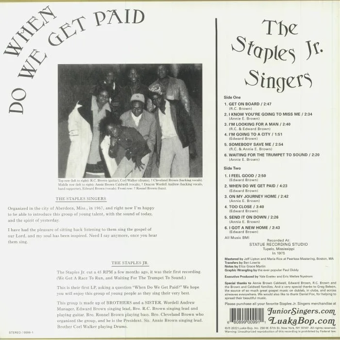 Back cover — The STAPLES JR SINGERS — When Do We Get Paid (Gold Cover Edition)