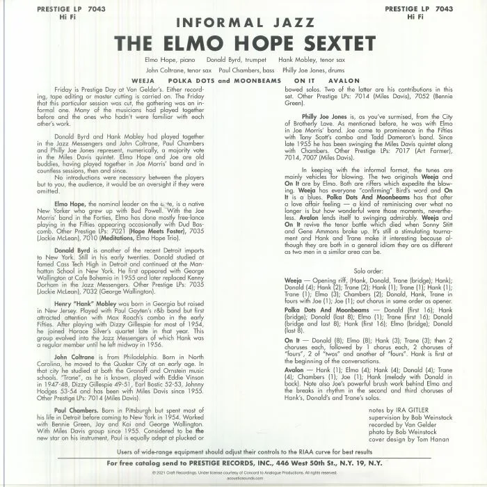 Back cover — The ELMO HOPE SEXTET — Informal Jazz (reissue)