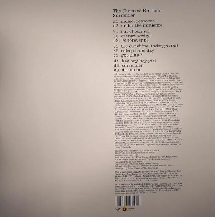 Back cover — The CHEMICAL BROTHERS — Surrender (B-STOCK)