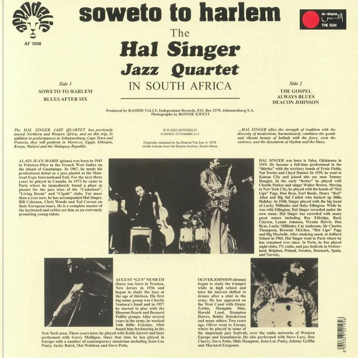 Back cover — The HAL SINGER JAZZ QUARTET — Soweto To Harlem